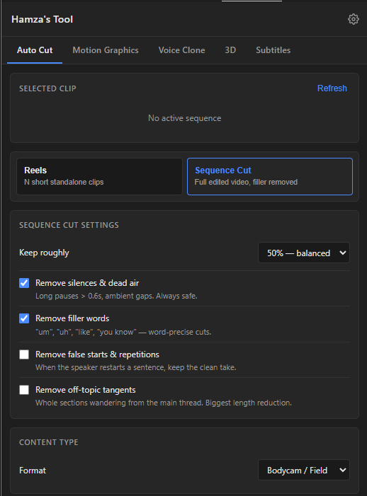 Ask AI panel docked inside Adobe Premiere Pro with the Sequence Cut tab open