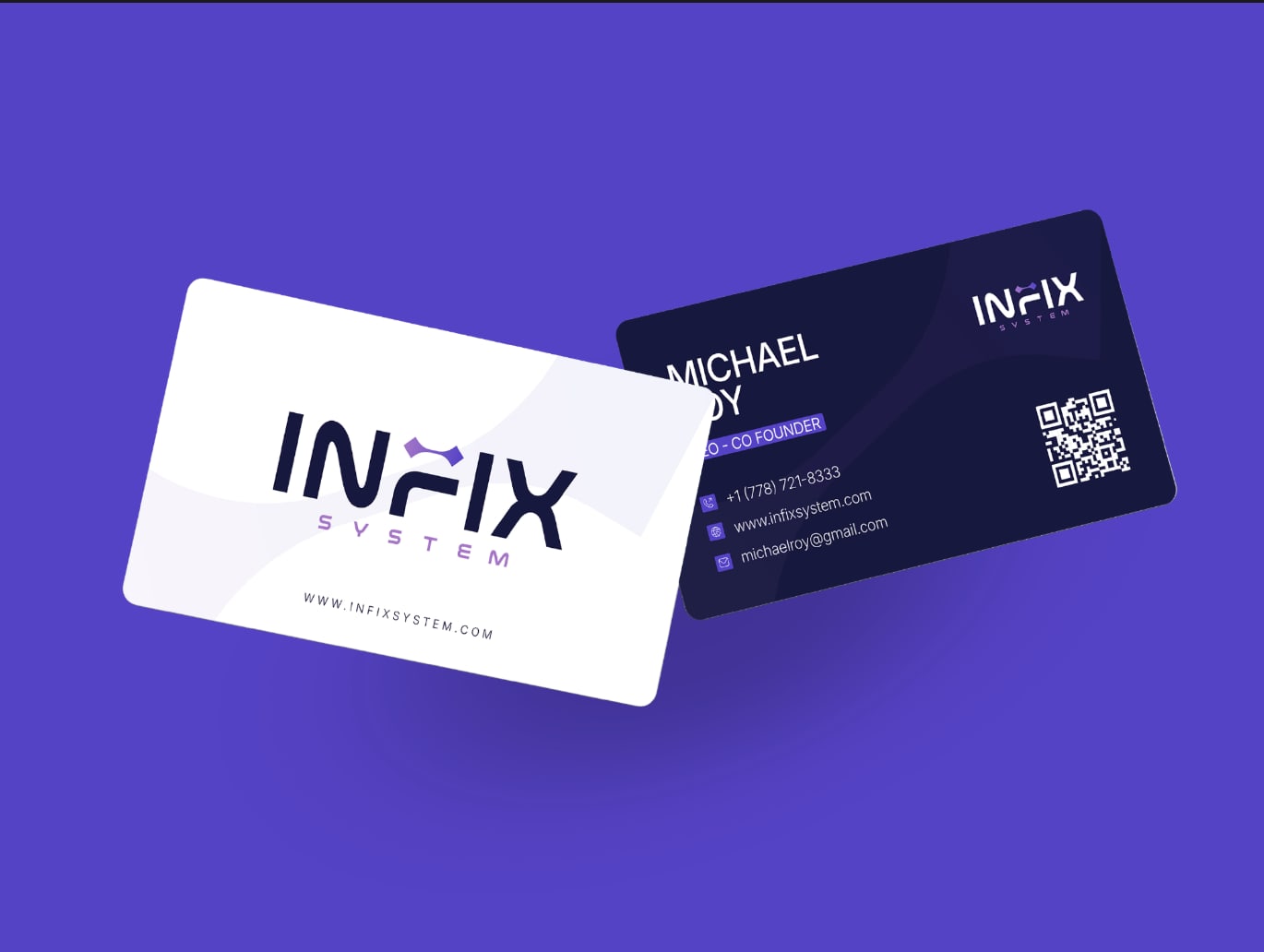 Infix System business cards in navy and white with a QR code