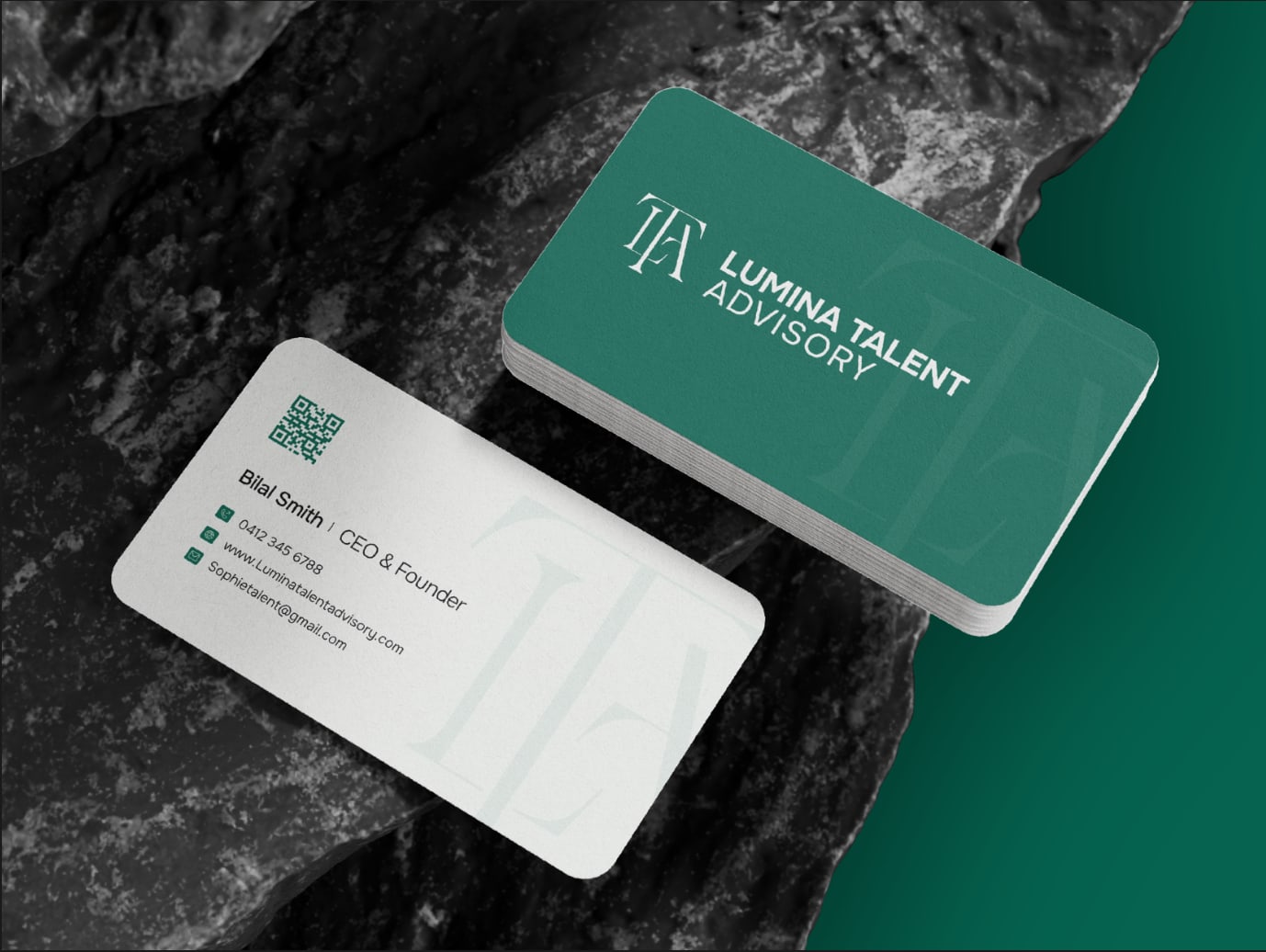 Lumina Talent Advisory business cards in green and white with a QR code