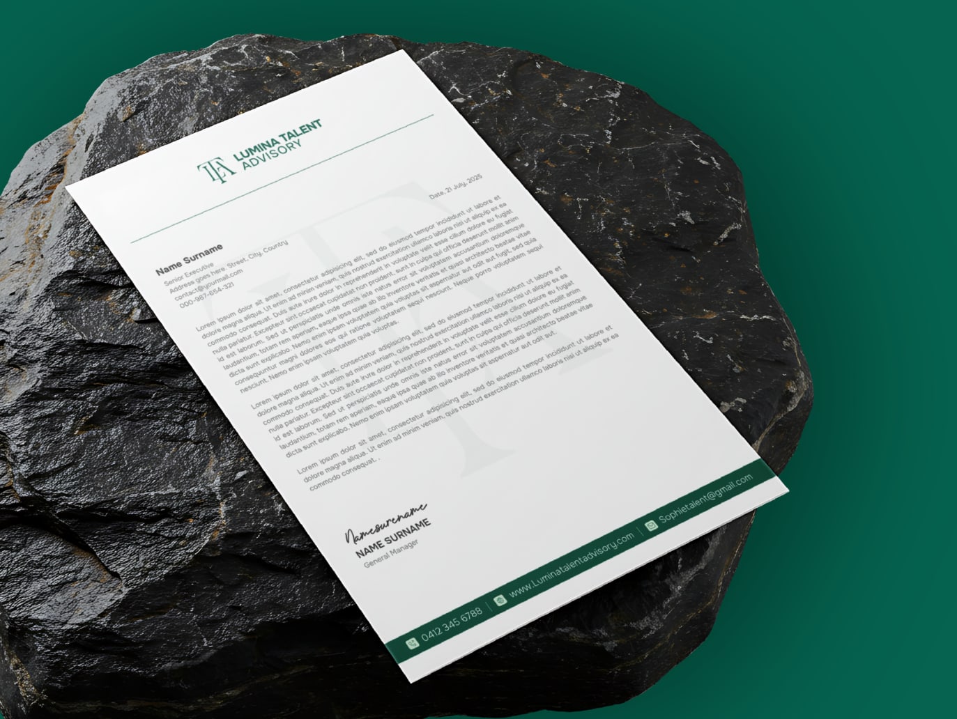 Lumina Talent Advisory letterhead design photographed on stone