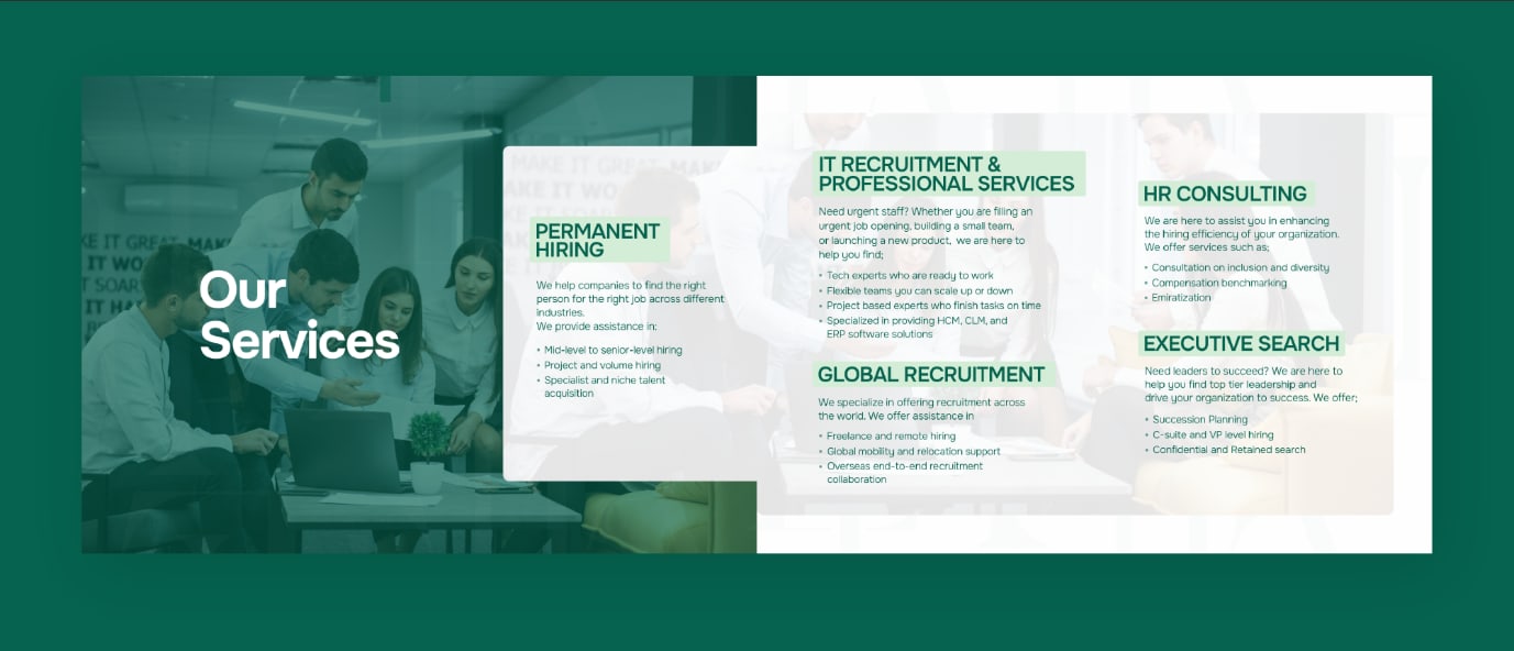 Lumina Talent Advisory website services section showing permanent hiring, IT recruitment, HR consulting and executive search