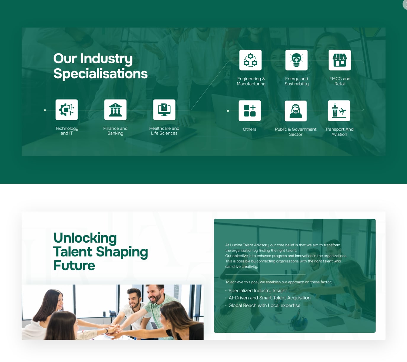 Lumina Talent Advisory website industry specialisations section with icons