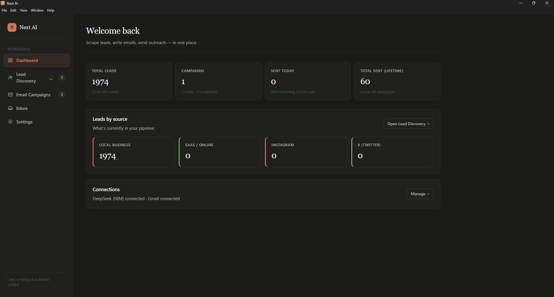 Next AI dashboard showing lead totals and pipeline sources