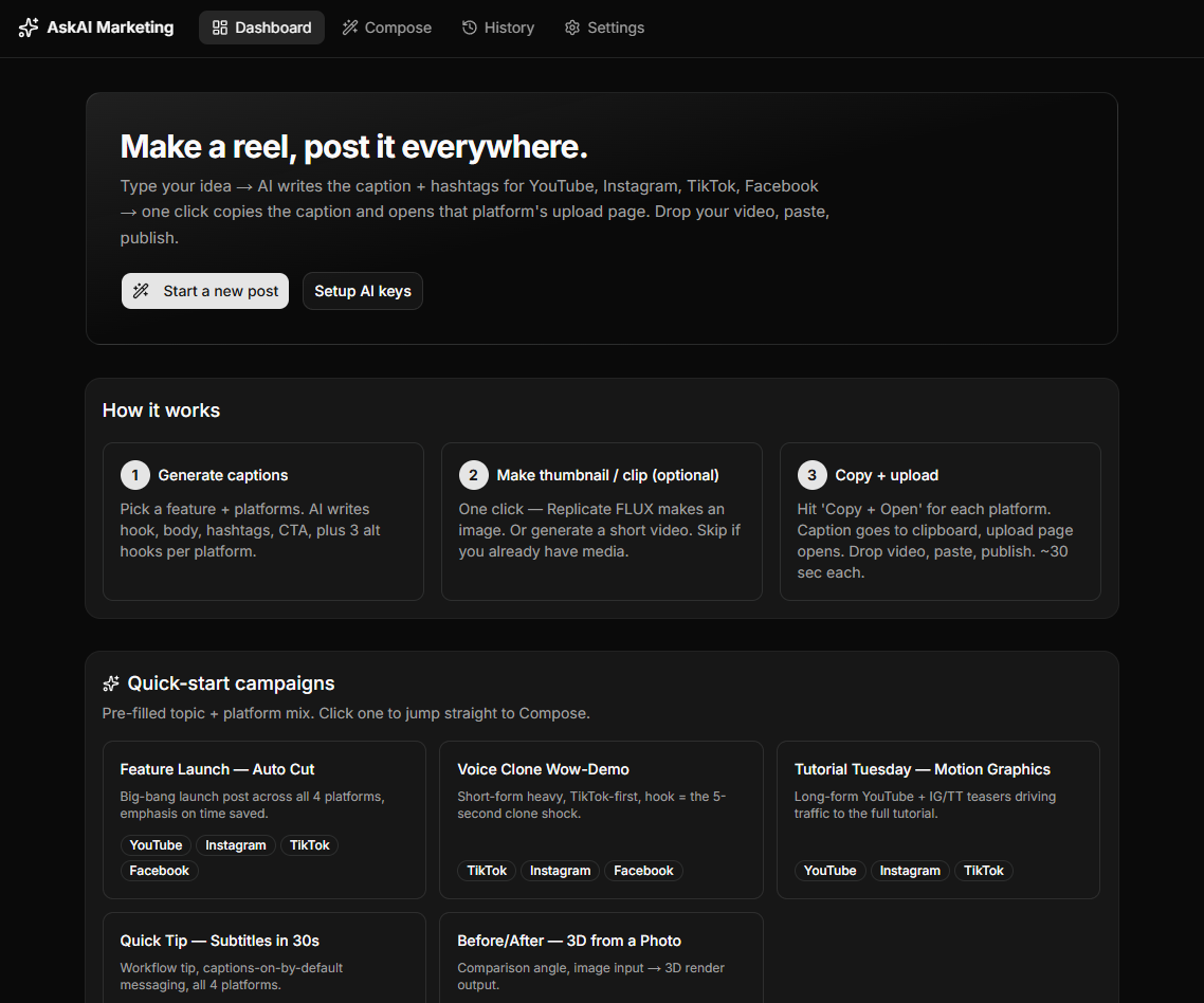 Omni Socials dashboard with the make a reel post it everywhere hero, how it works steps, and quick start campaign templates