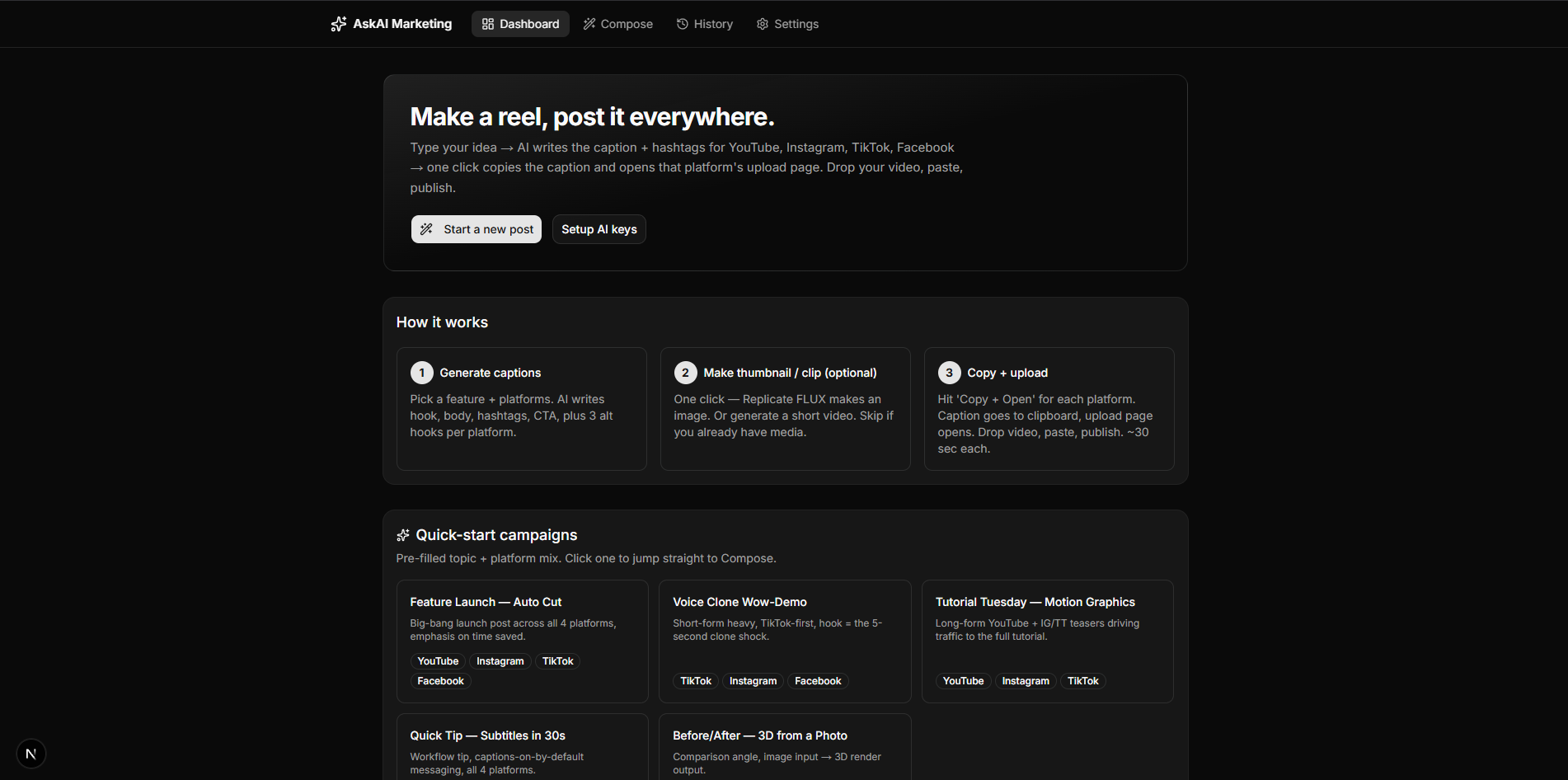 Omni Socials dashboard with cross platform content campaigns