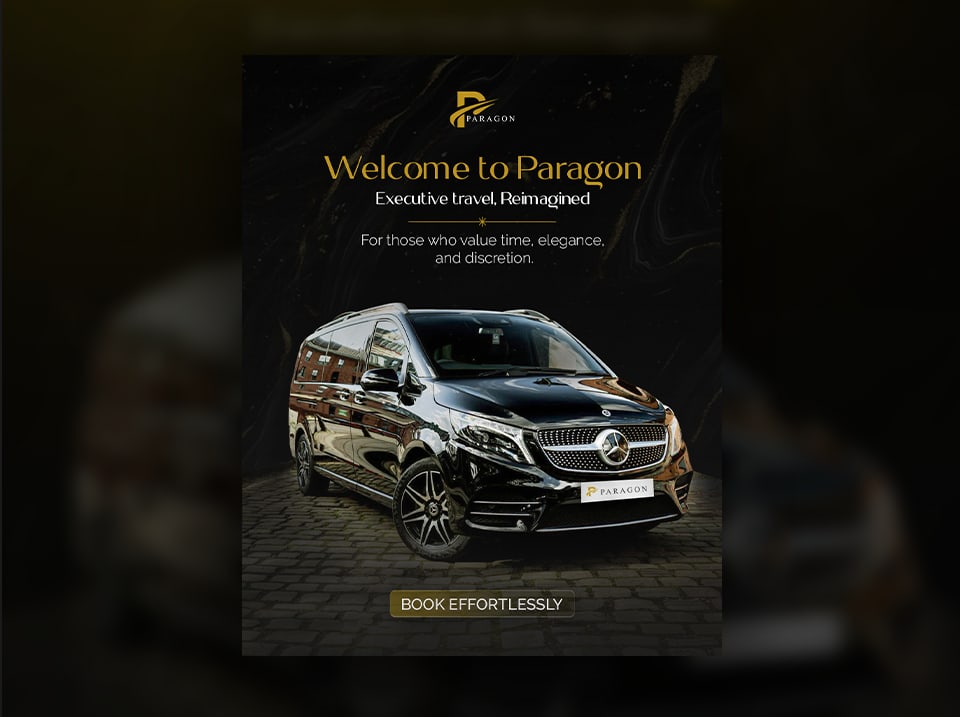 Paragon launch post reading Welcome to Paragon, executive travel reimagined, with a black Mercedes V-Class