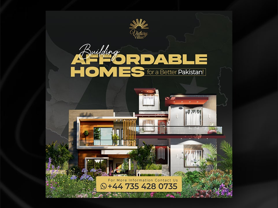 Victory Villas post reading building affordable homes for a better Pakistan, showing a modern house