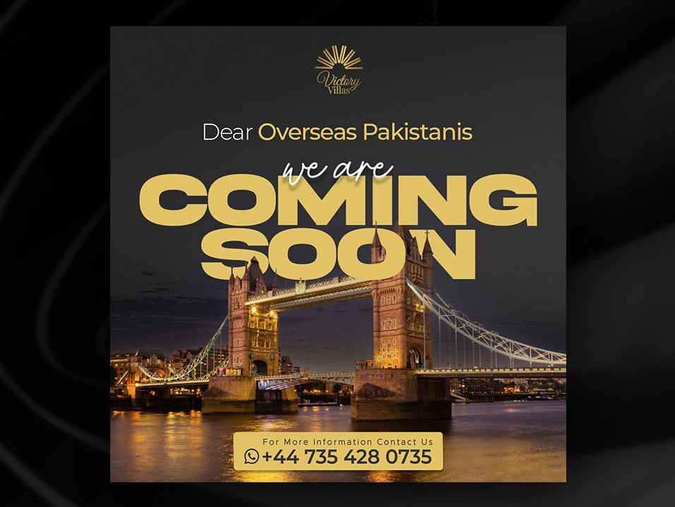 Victory Villas teaser post addressed to overseas Pakistanis reading we are coming soon, with a London skyline