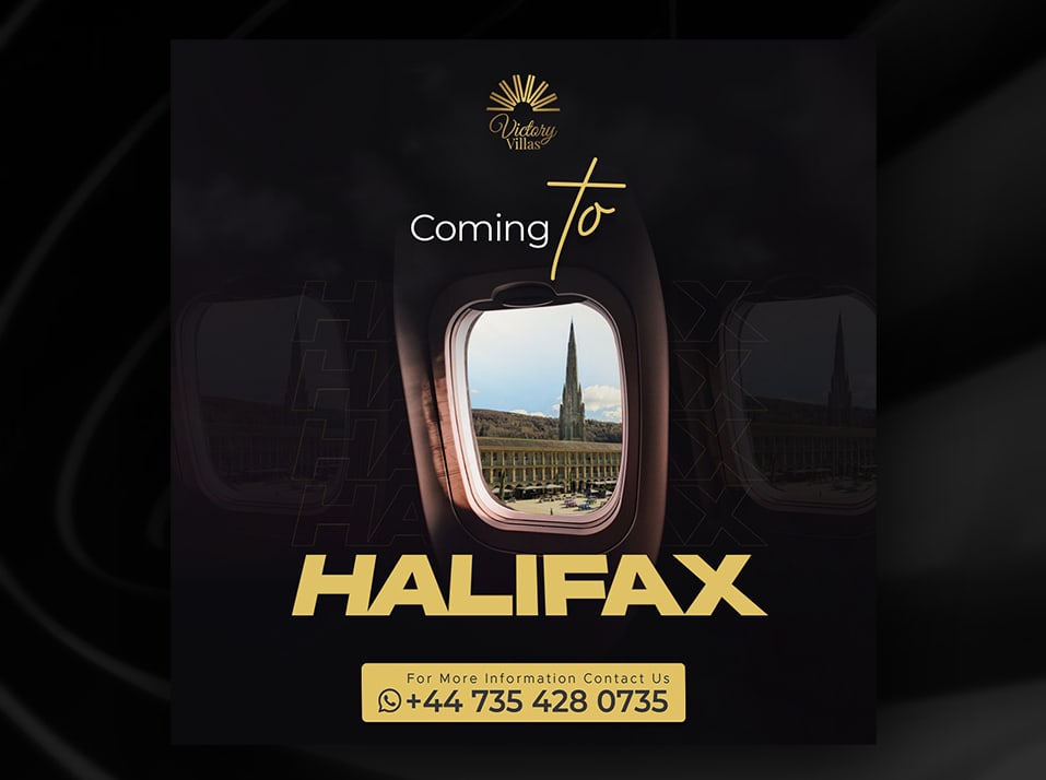 Victory Villas roadshow announcement reading coming to Halifax, seen through an aircraft window