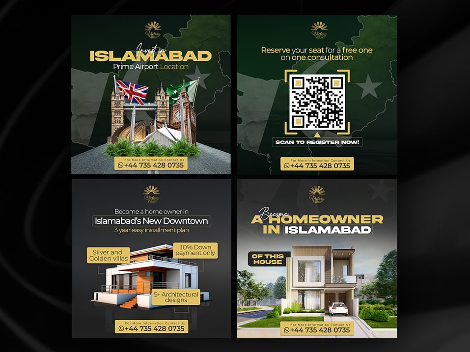A four post set of Victory Villas designs covering Islamabad location, a QR consultation offer, and homeownership