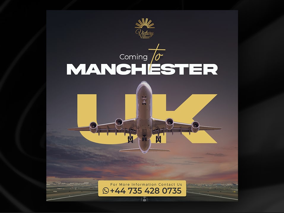 Victory Villas roadshow announcement reading coming to Manchester UK with an aircraft over the city name