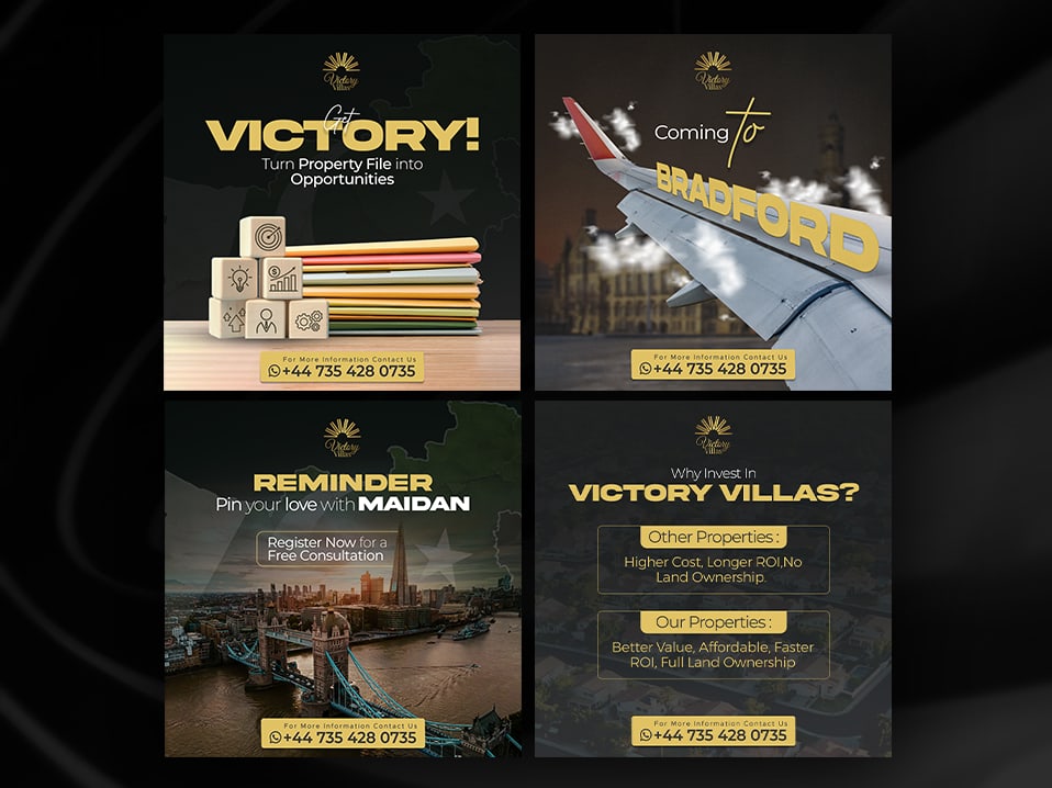 A four post set of Victory Villas campaign designs covering opportunities, a Bradford date, a reminder, and reasons to buy